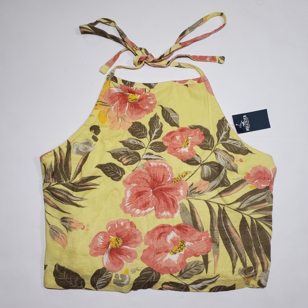 NWT Hollister Women's Yellow Halter Tropical Print Crop Top Smocked Back Size L